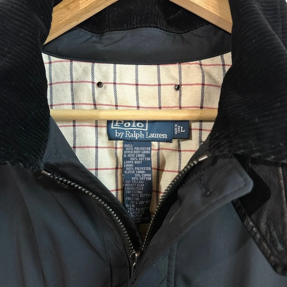 Polo Ralph Lauren Mens Field Jacket Black Corduroy Collar Leather Trim Vtg Large